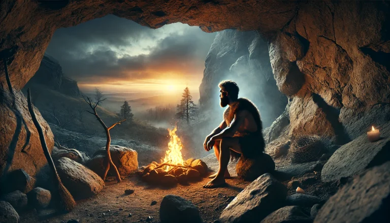 Cave dweller contemplating by the fire.